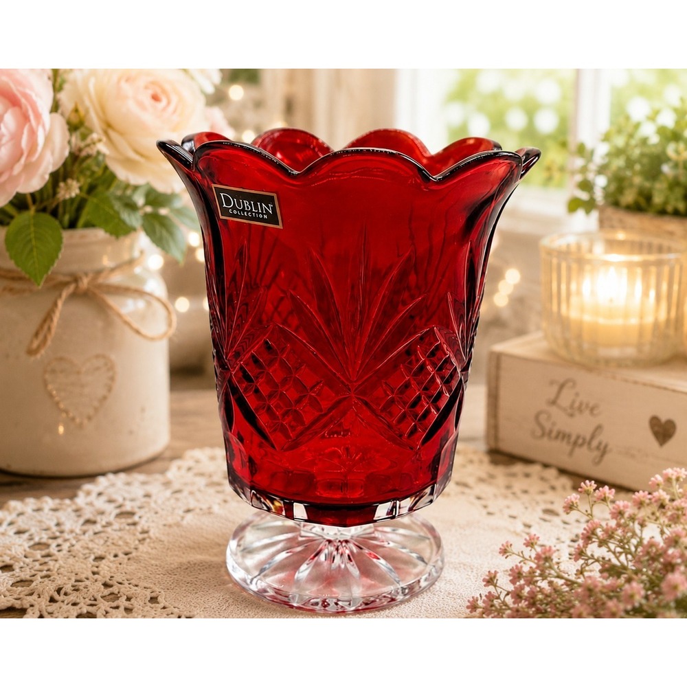 Godinger Silver Art Co Dublin Crystal Red Glass Pedestal Vase Scalloped Rim